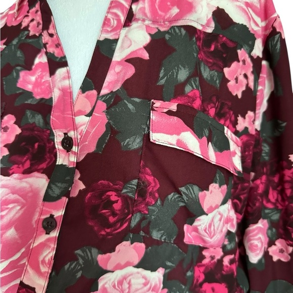 New York & Company Floral Pink Burgundy Roll Tab Sleeve Floral Button Down XL - Picture 17 of 17